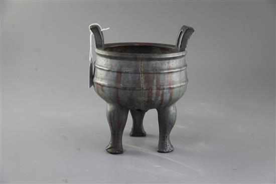 A Chinese Yixing pottery tripod censer, Ding, 18th century, height 20.5cm, body crack